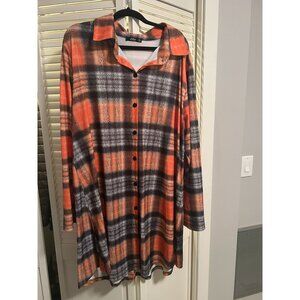 Lily by Firmiana Plaid Tunic Top Orange Black Womens 3XL Button Front